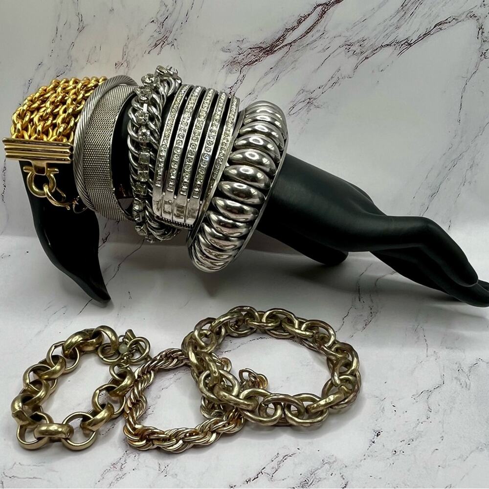 Set of 11 silver and gold tone bracelets
